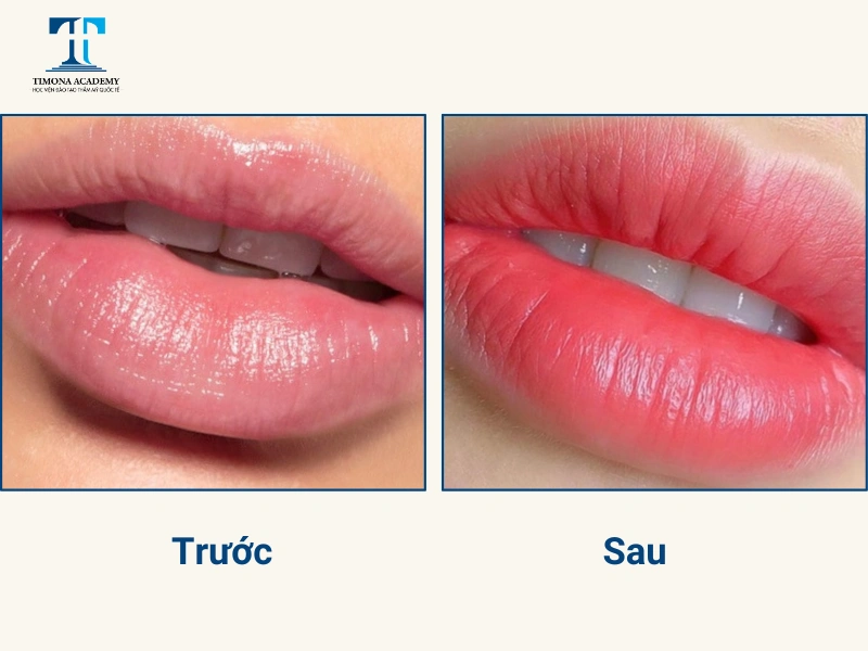 Hình ảnh trước và sau khi phun môi màu hồng đào