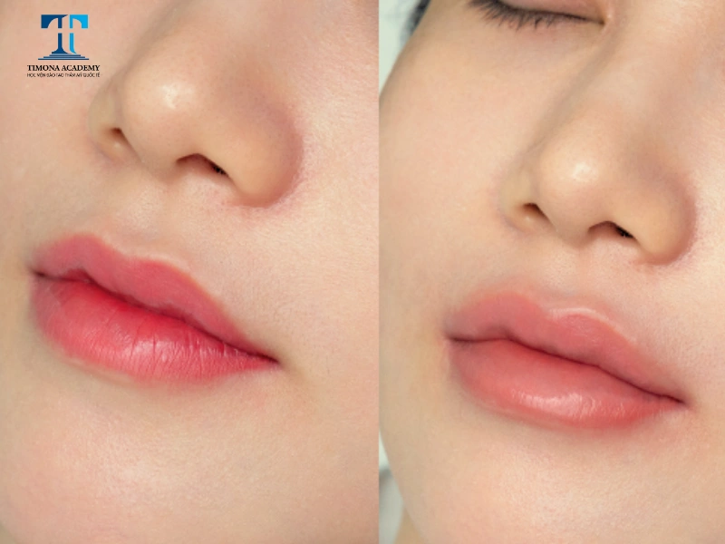 Trước và sau khi phun môi màu hồng đào