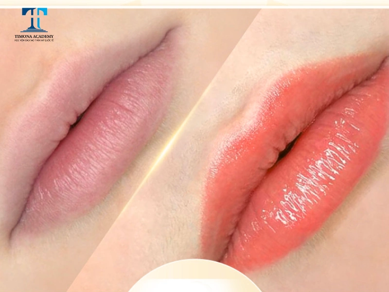 Hình ảnh trước và sau khi phun môi màu hồng cam collagen