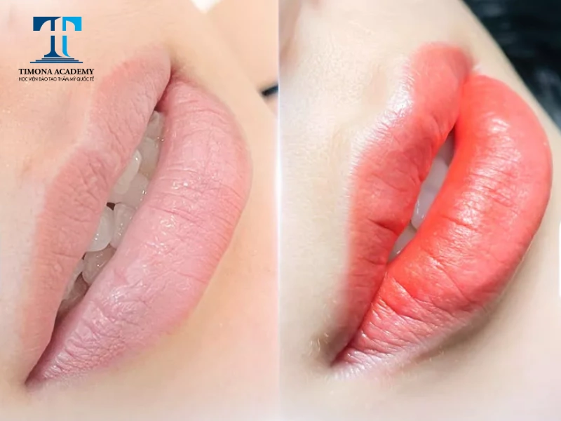 Hình ảnh trước và sau phun môi màu hồng cam