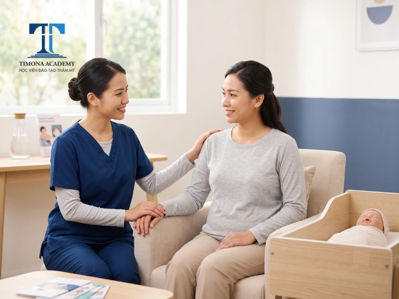 Mẹ sau sinh được người thân/chuyên viên đồng hành, trò chuyện