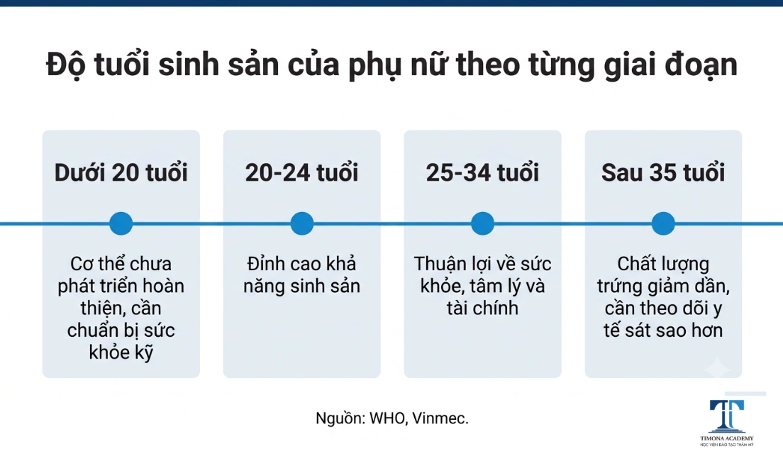 Timeline độ tuổi sinh sản và rủi ro theo từng giai đoạn