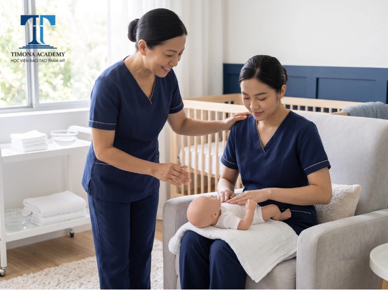 Giảng viên hướng dẫn chăm sóc bé trong không gian mô phỏng