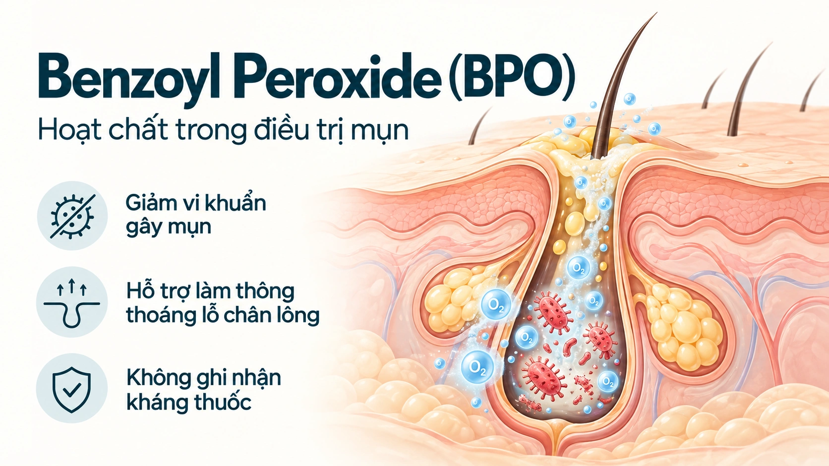 Benzoyl peroxide – hoạt chất được khuyến nghị phối hợp với kháng sinh trong điều trị mụn.